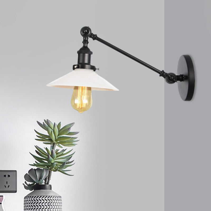 BowLift | Industrial Conical Wall Lamp 1 Light Opal Glass Wall Lamp in Black/Copper/Brass with Arm, 8"/12" L