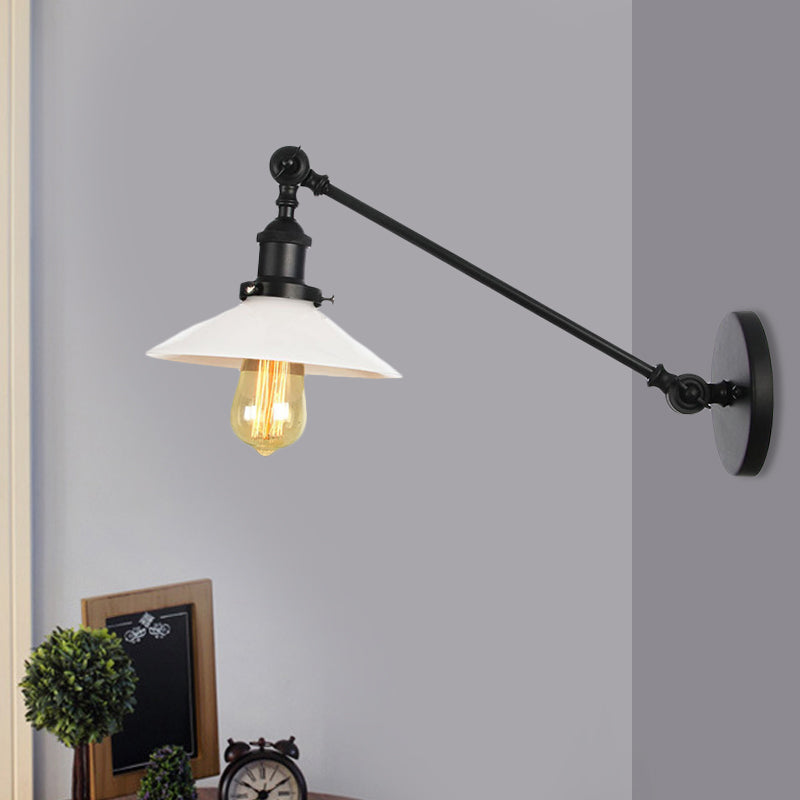 BowLift | Industrial Conical Wall Lamp 1 Light Opal Glass Wall Lamp in Black/Copper/Brass with Arm, 8"/12" L