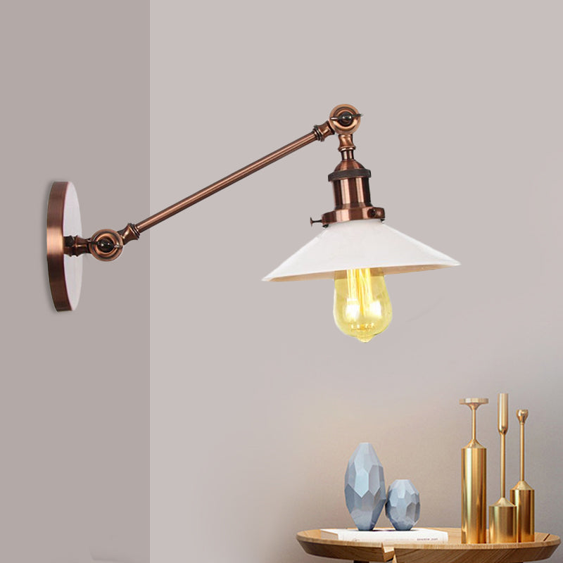 BowLift | Industrial Conical Wall Lamp 1 Light Opal Glass Wall Lamp in Black/Copper/Brass with Arm, 8"/12" L