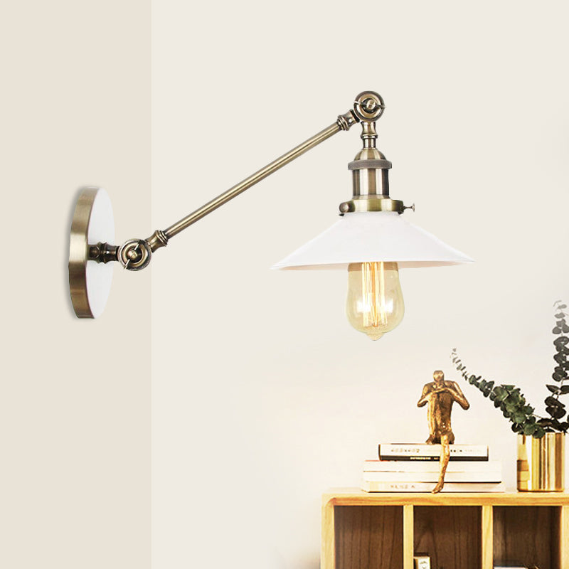 BowLift | Industrial Conical Wall Lamp 1 Light Opal Glass Wall Lamp in Black/Copper/Brass with Arm, 8"/12" L