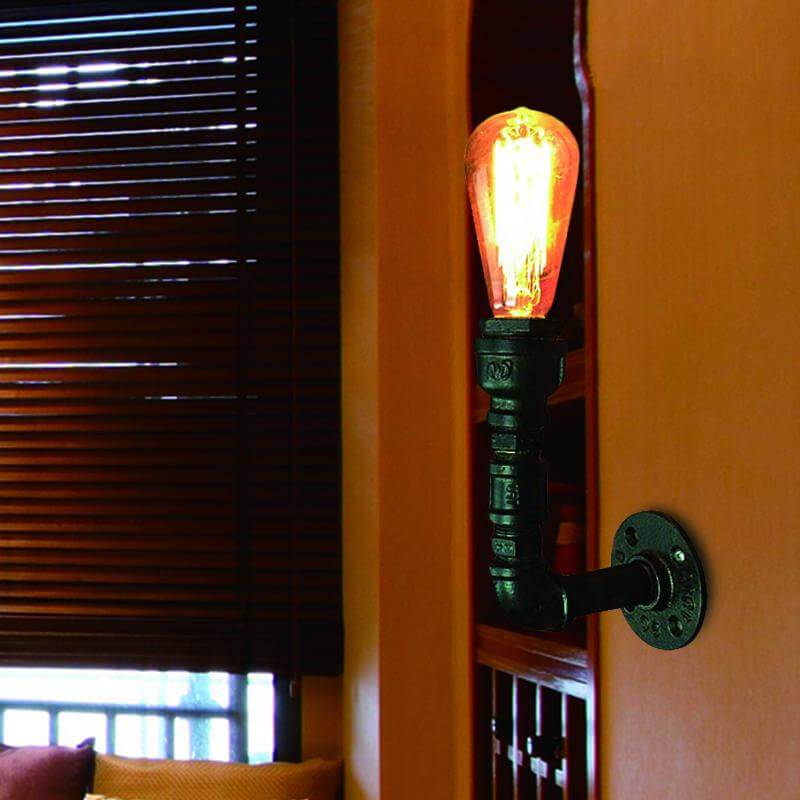 BowLift | 1 Bulb Exposed Bulb Wall Lighting Vintage Black Finish Iron Wall Mount Pipe Lamp for Corner