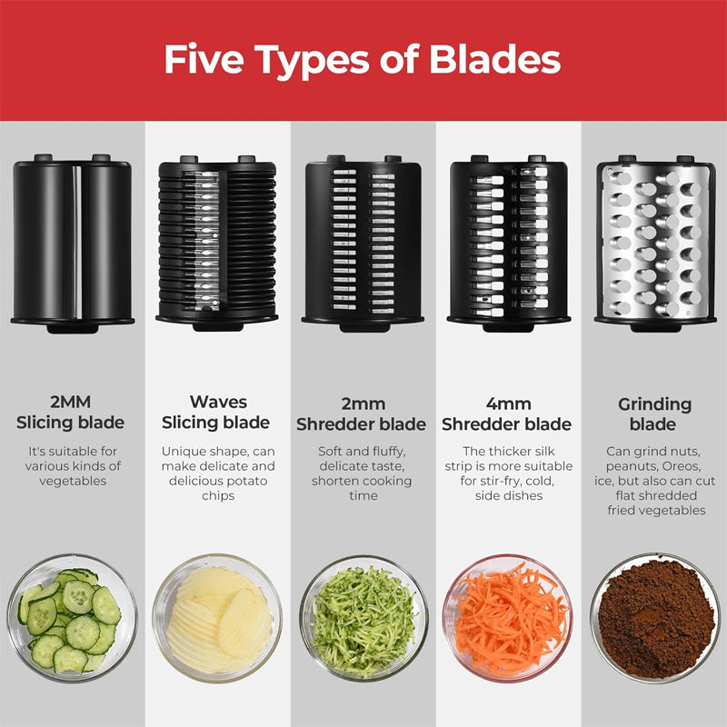 BowLift | Electric Cheese Grater 250W Salad Maker With 5 Different Blades Food Cutter for Vegetables and Cheeses