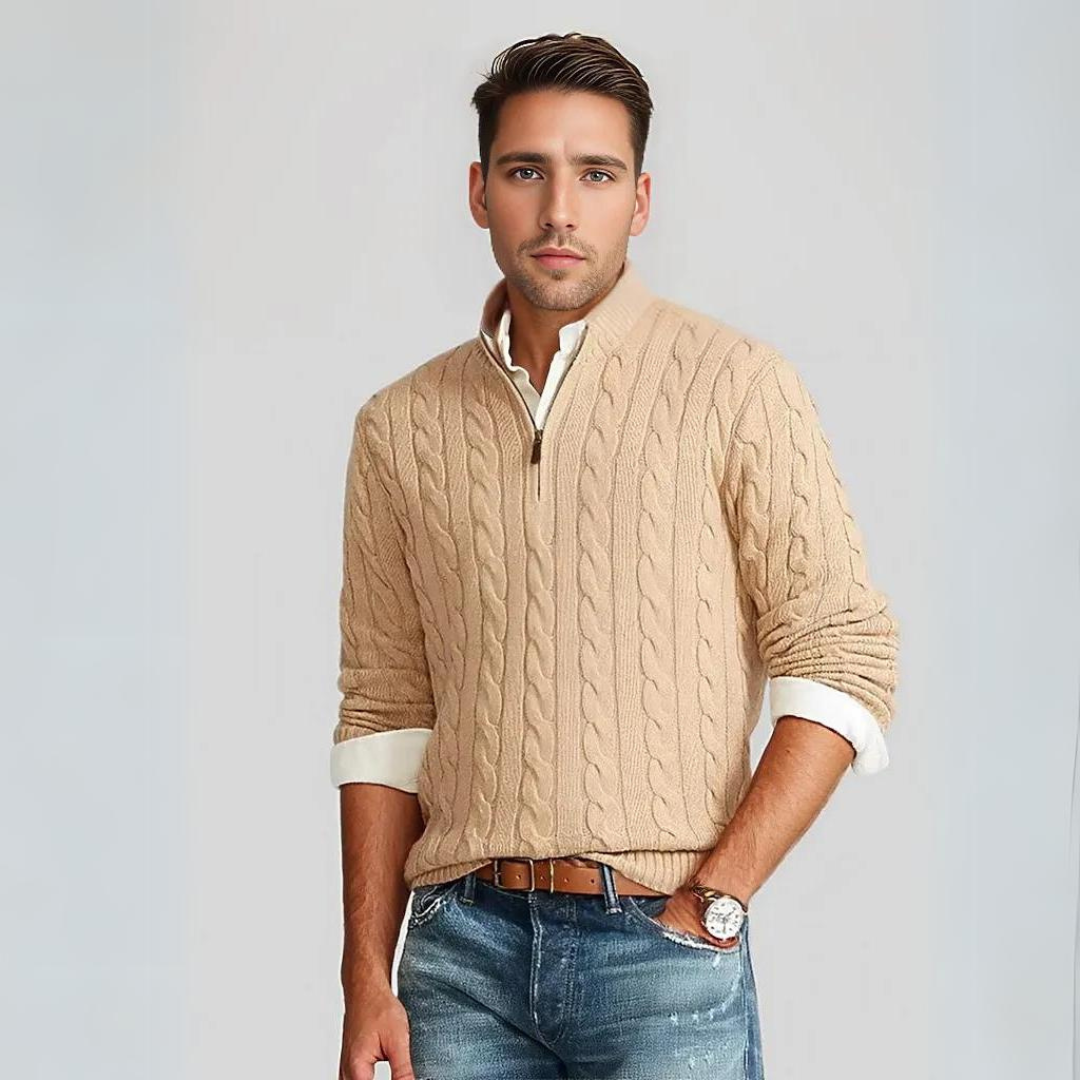 BowLift | Zipper sweater for men | Stylish knit sweater in cable pattern with V-neck and zipper