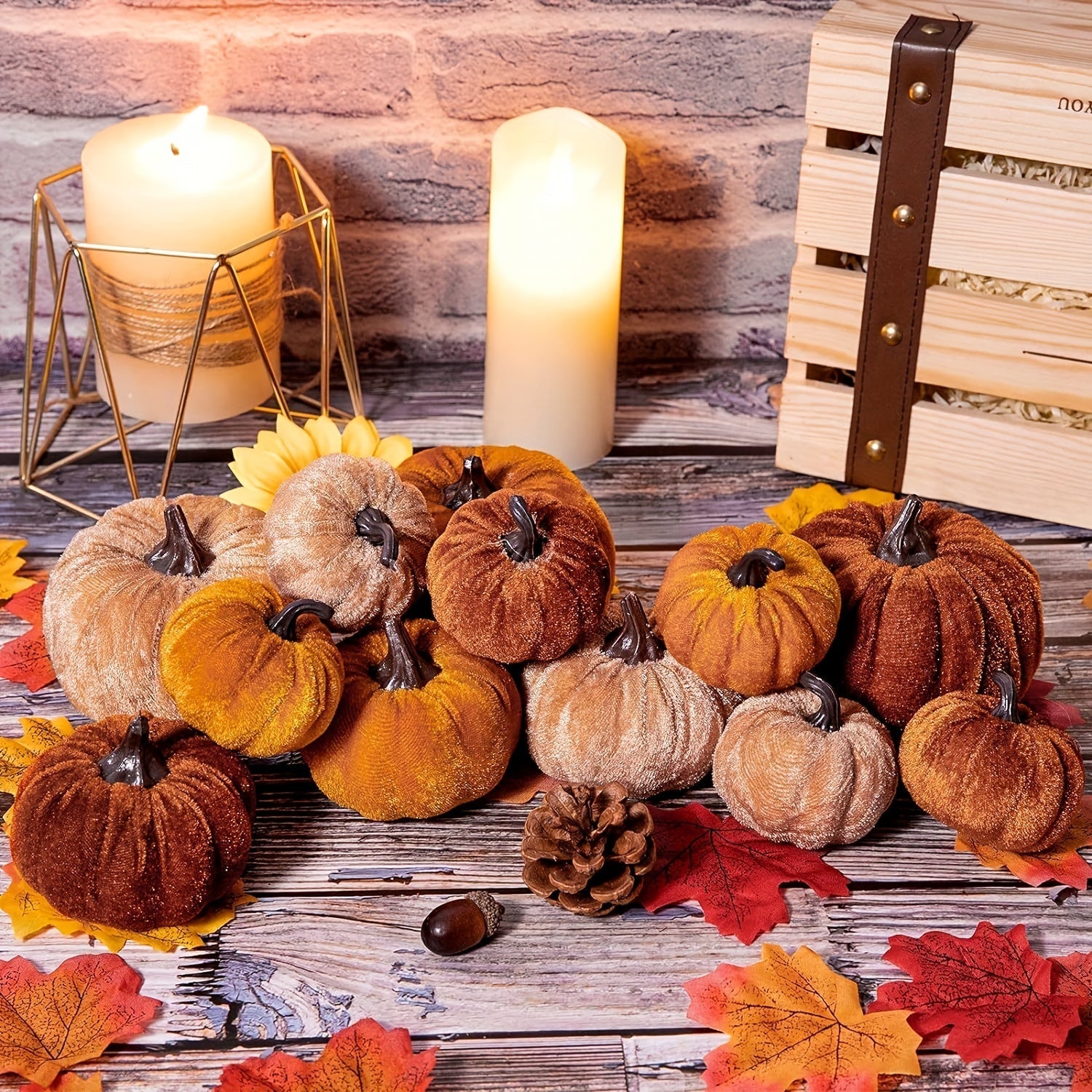 BowLift | Autumn Decoration Pumpkin Set – 12 Pieces Artificial Pumpkins with Velvet Finish