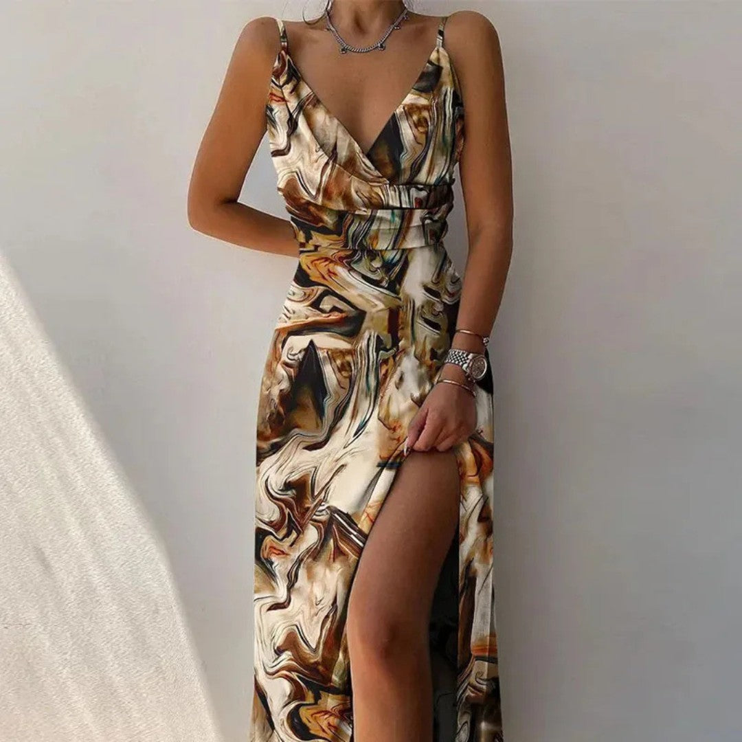 Wrap Dress with Deep V-Neck and Thigh-High Slit