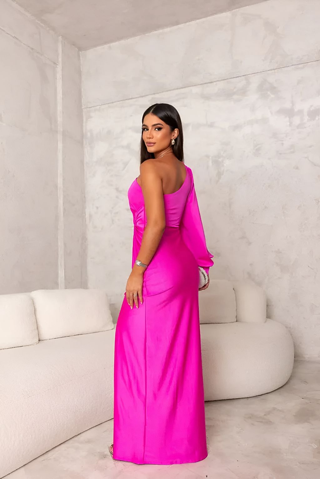 One-Shoulder Satin Evening Gown with High Slit
