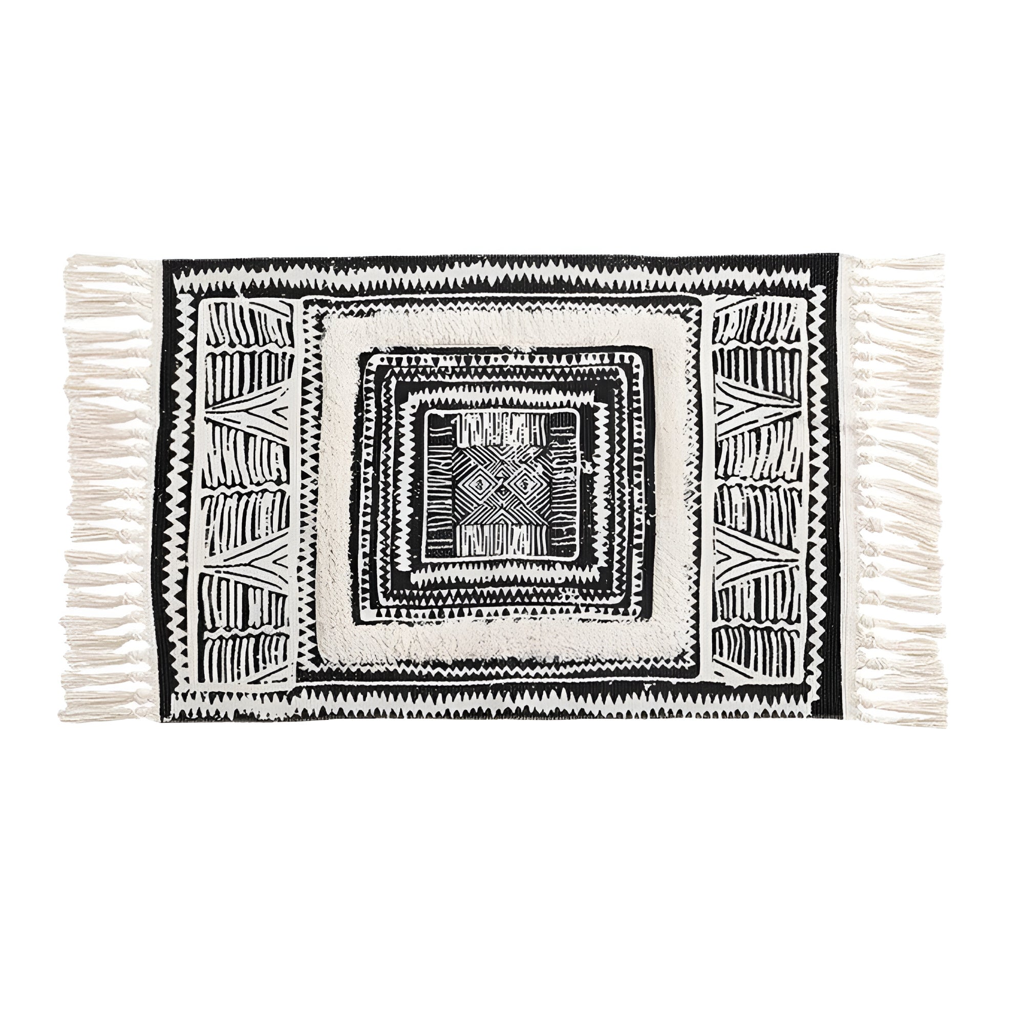 BowLift | Black and White Geometric Tassel Floor Mat