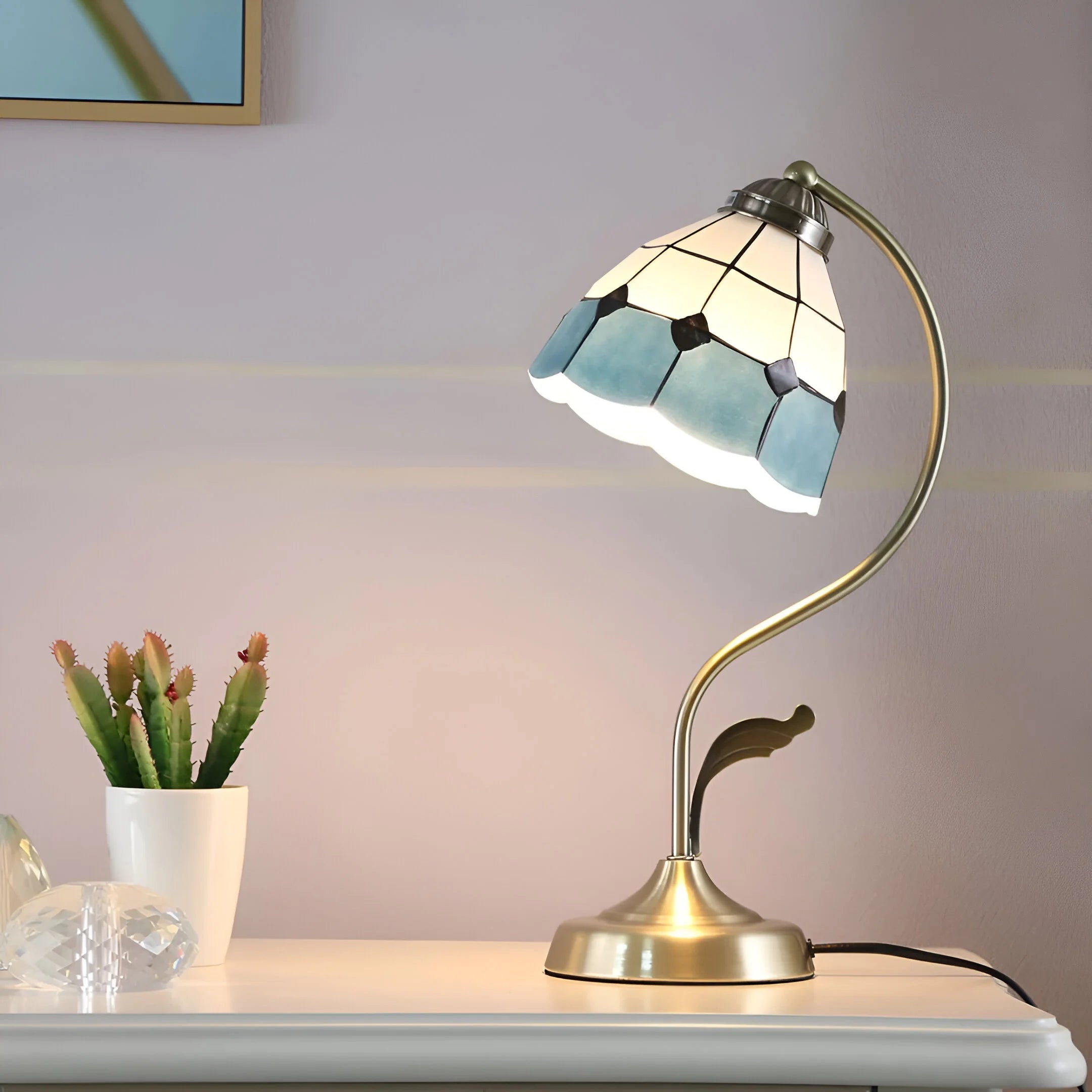AuroraBloom – Gold Accent Table Lamp with Floral Glass Shade