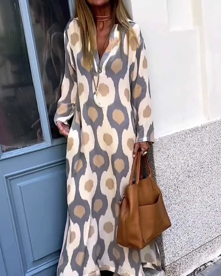 V-Neck Maxi Dress with Abstract Print and Long Sleeves