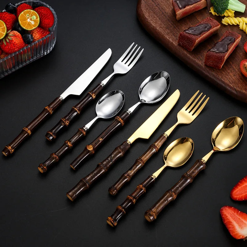 BowLift | Black Bamboo Dinnerware Set - Upscale Stainless Steel Fork and Spoon Tableware
