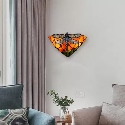BowLift | Wall lamp Bowl with dragonfly pattern stained glass 2 lights rustic wall mount light
