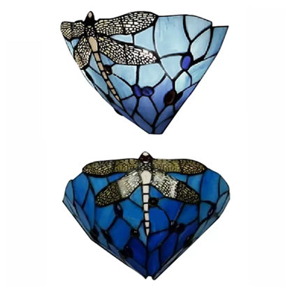 BowLift | Wall lamp Bowl with dragonfly pattern stained glass 2 lights rustic wall mount light