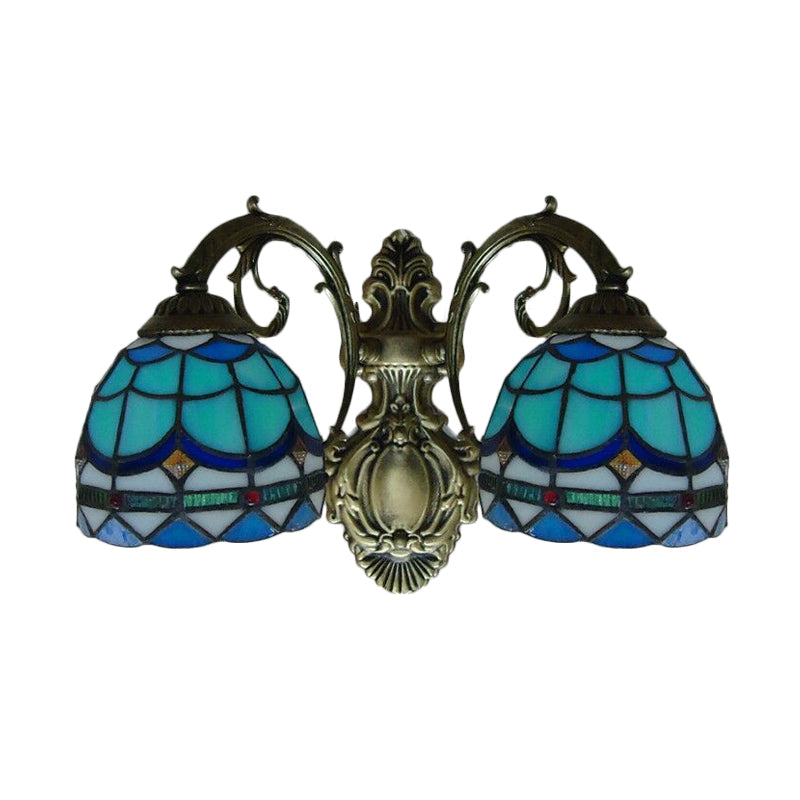 BowLift | Baroque Dome Wall Lamp with Curved Arm Colored Glass 2 Light Wall Lamp 11"/8.5" Height in Blue for Bedroom