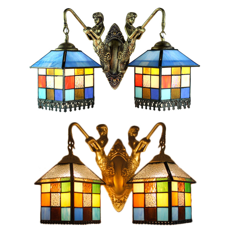 BowLift | House Wall Light-Tiffany Multicolor Stained Glass 2 Heads Clear/Blue Wall Lamp