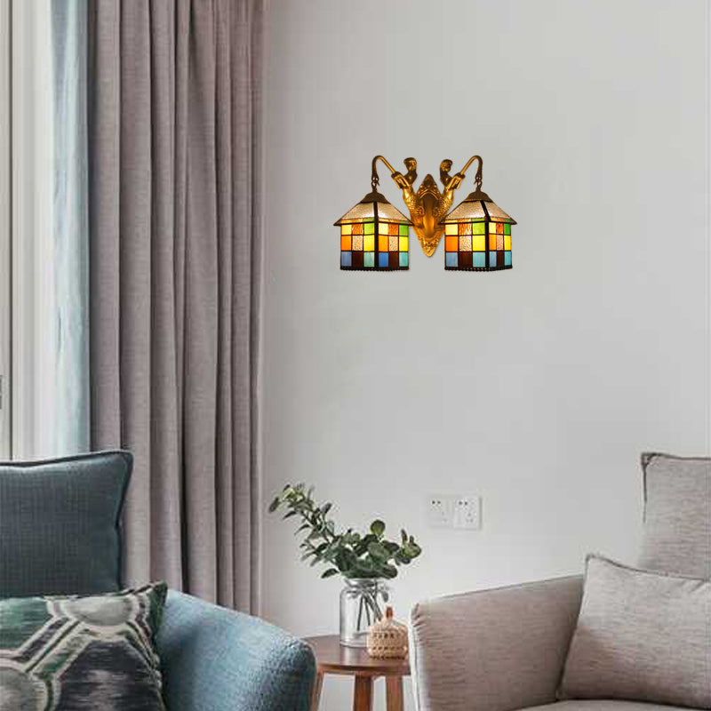 BowLift | House Wall Light-Tiffany Multicolor Stained Glass 2 Heads Clear/Blue Wall Lamp