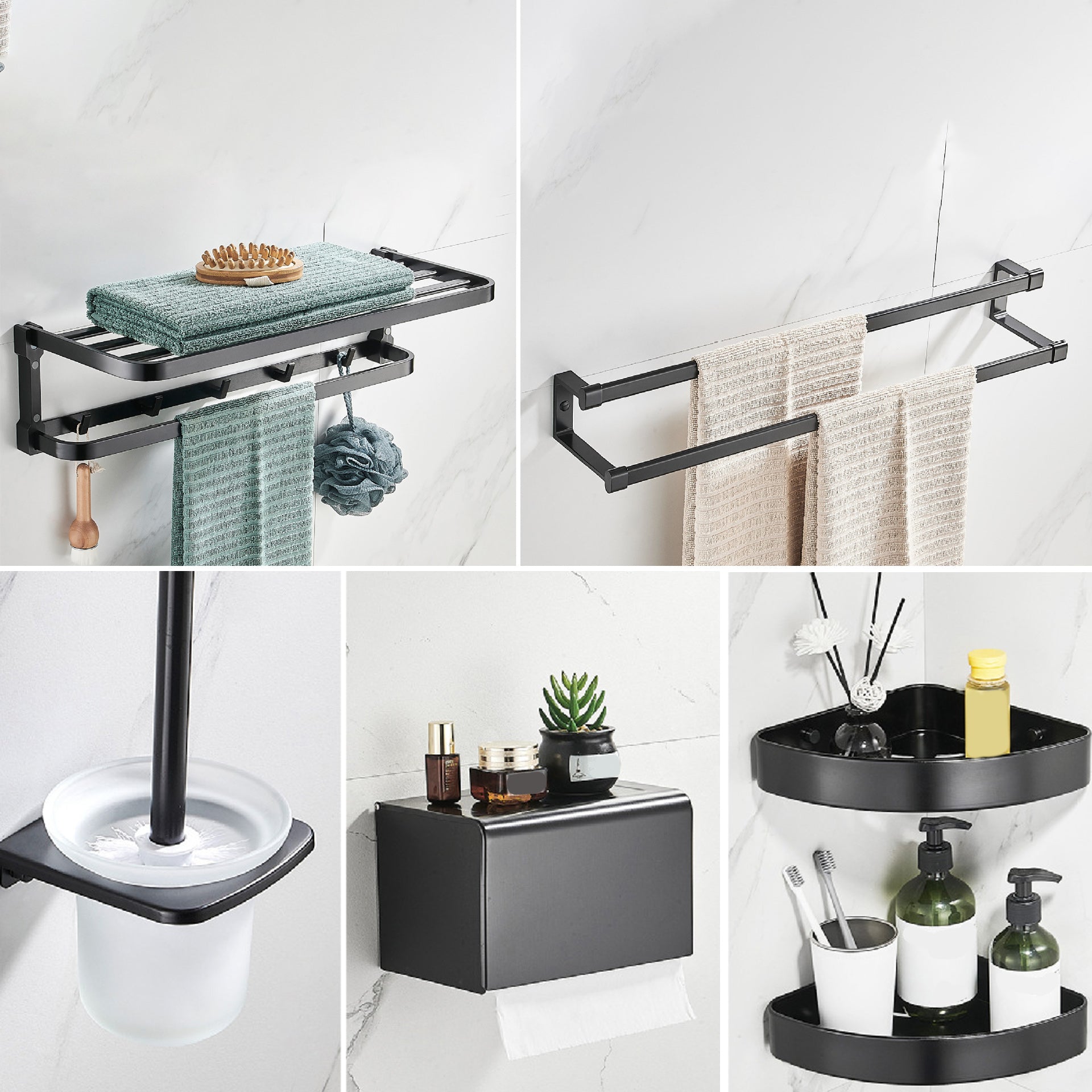BowLift | Contemporary Metal 6-piece Bathroom Accessory Set with Bathroom Shelf