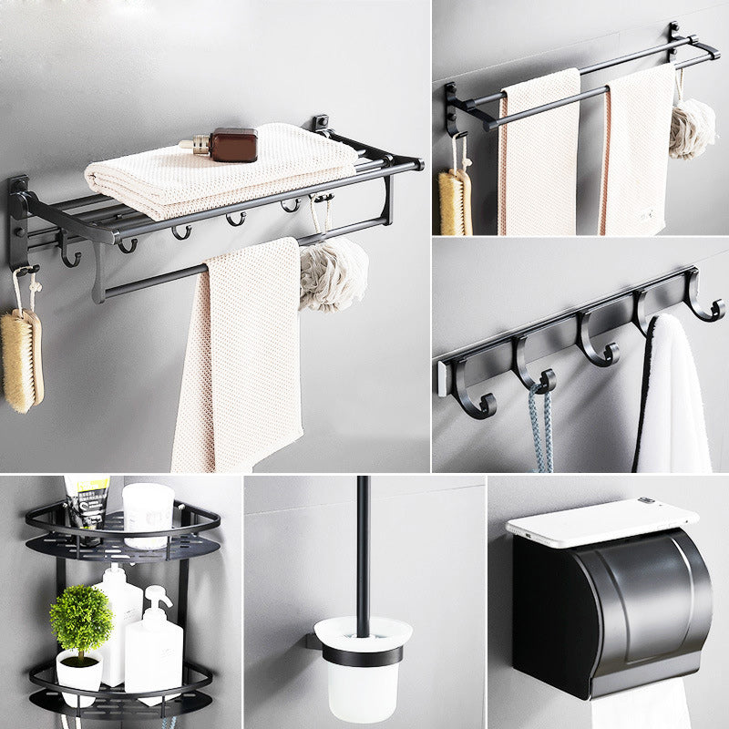 BowLift | 6-piece modern bathroom hardware set in matte black with bathroom shelf/towel holder & bathrobe hook