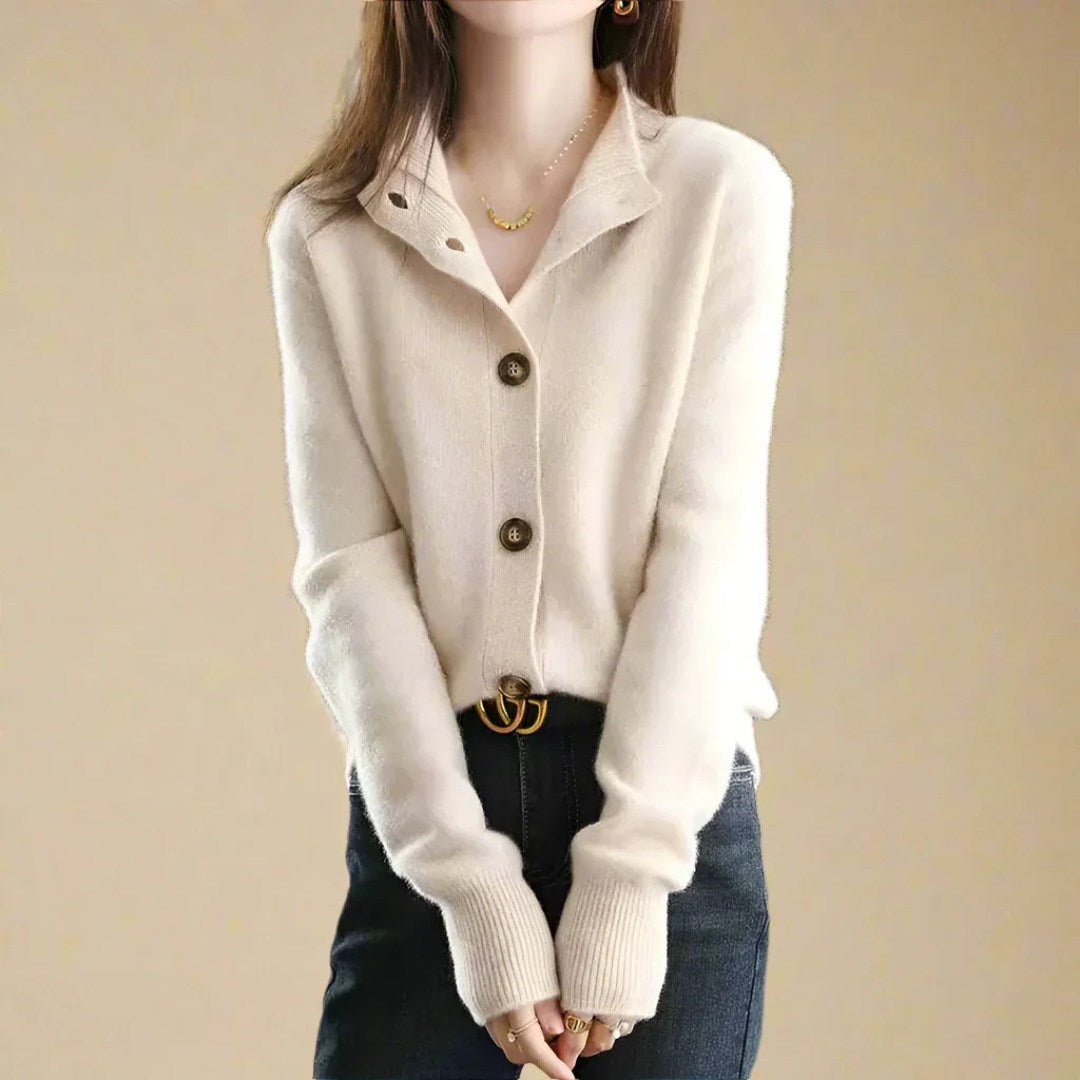 Wool Blend Cardigan with Scalloped Buttons and Stand-Up Collar