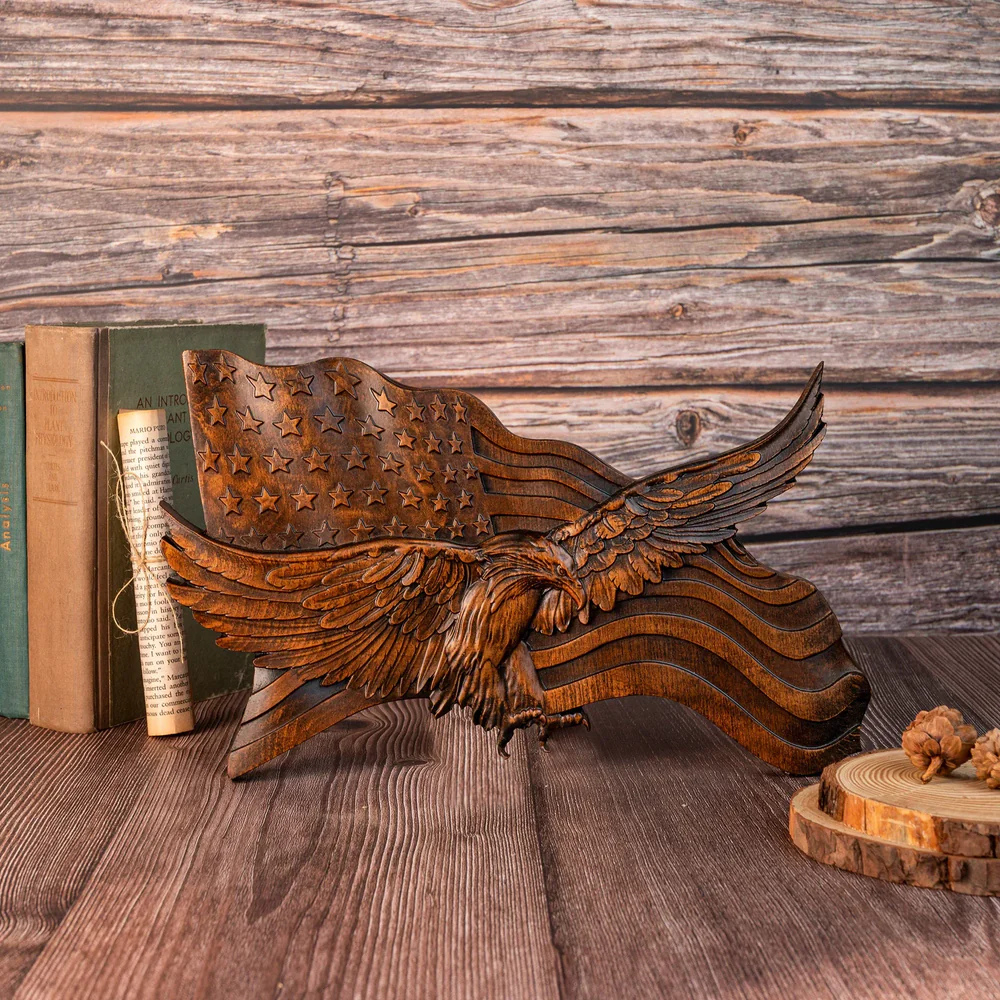 BowLift | American Flag Wood Wall Art Hand Carved Eagle Patriotic Decoration