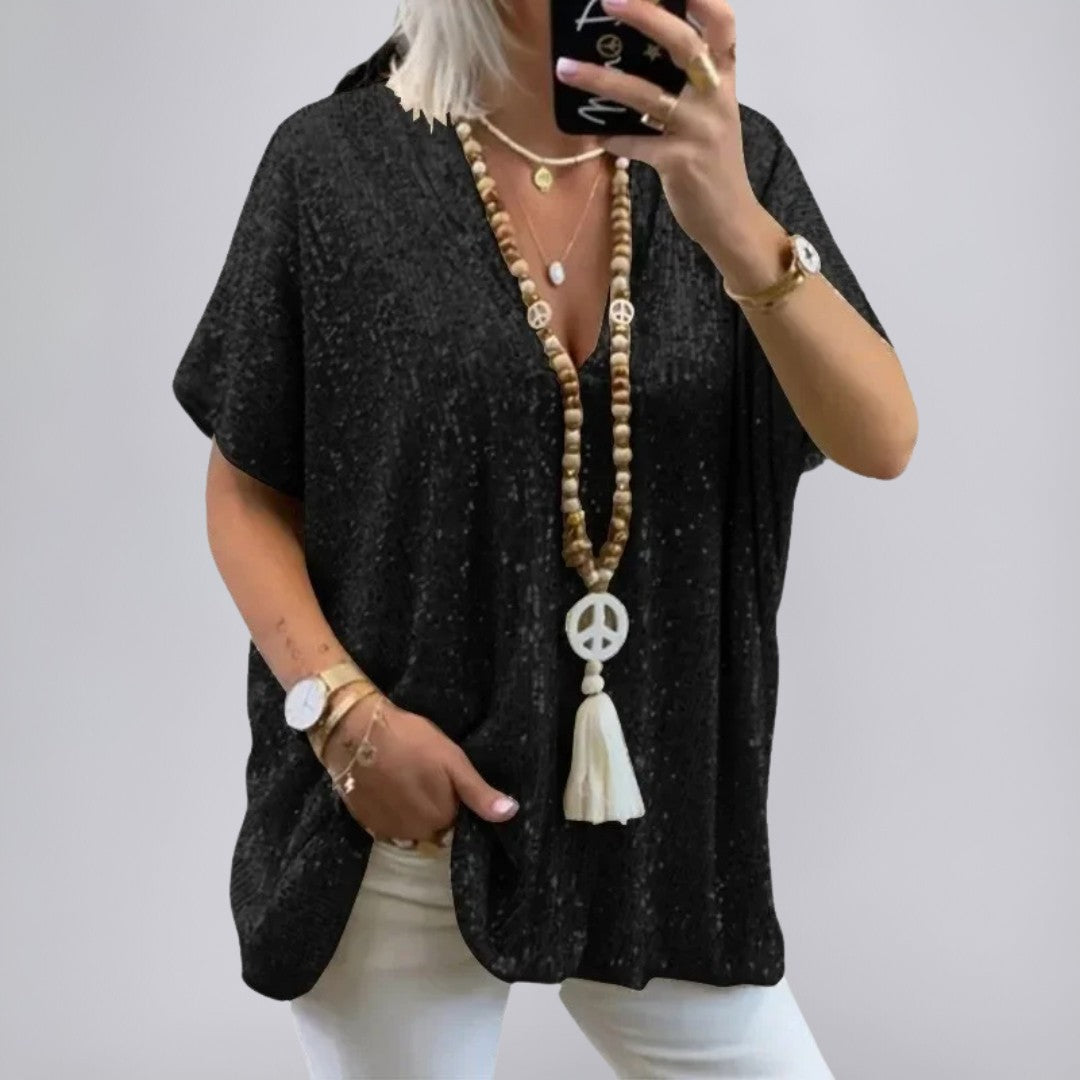 V-Neck Sequin Blouse with Relaxed Fit
