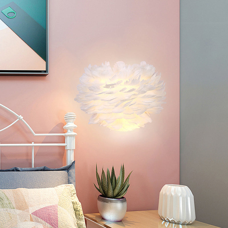 BowLift | White Feather Flush Wall Lamp Contemporary 1-Bulb Fabric Wall-Mounted Light for Nightstand