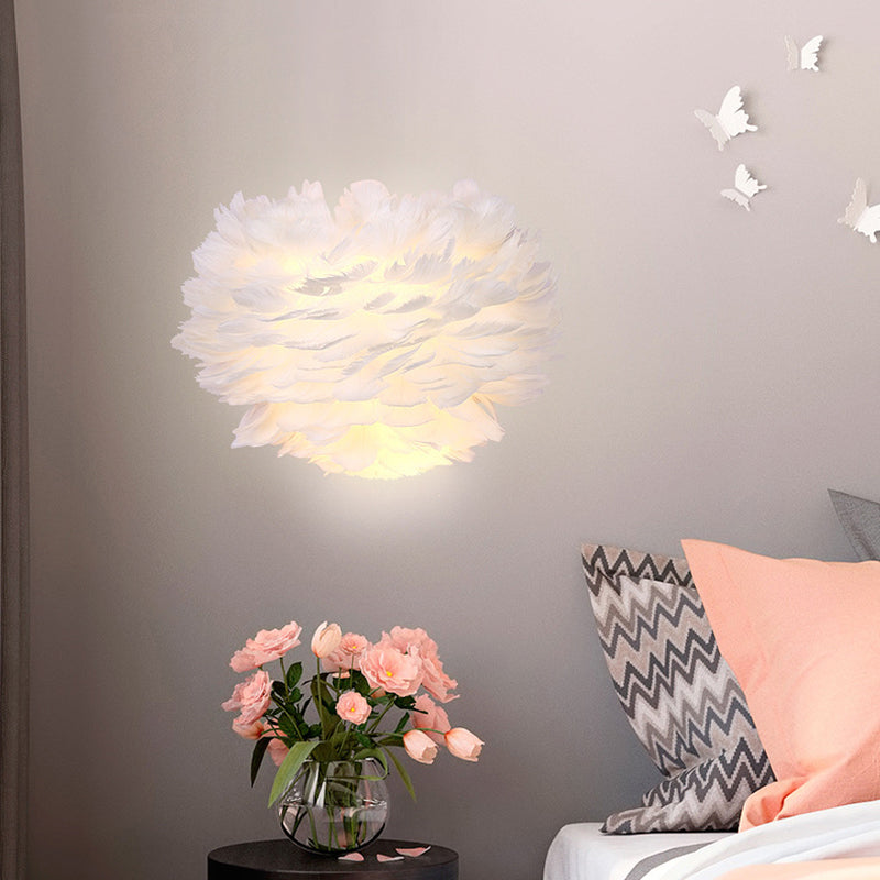 BowLift | White Feather Flush Wall Lamp Contemporary 1-Bulb Fabric Wall-Mounted Light for Nightstand