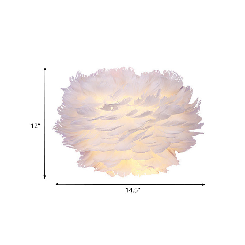 BowLift | White Feather Flush Wall Lamp Contemporary 1-Bulb Fabric Wall-Mounted Light for Nightstand