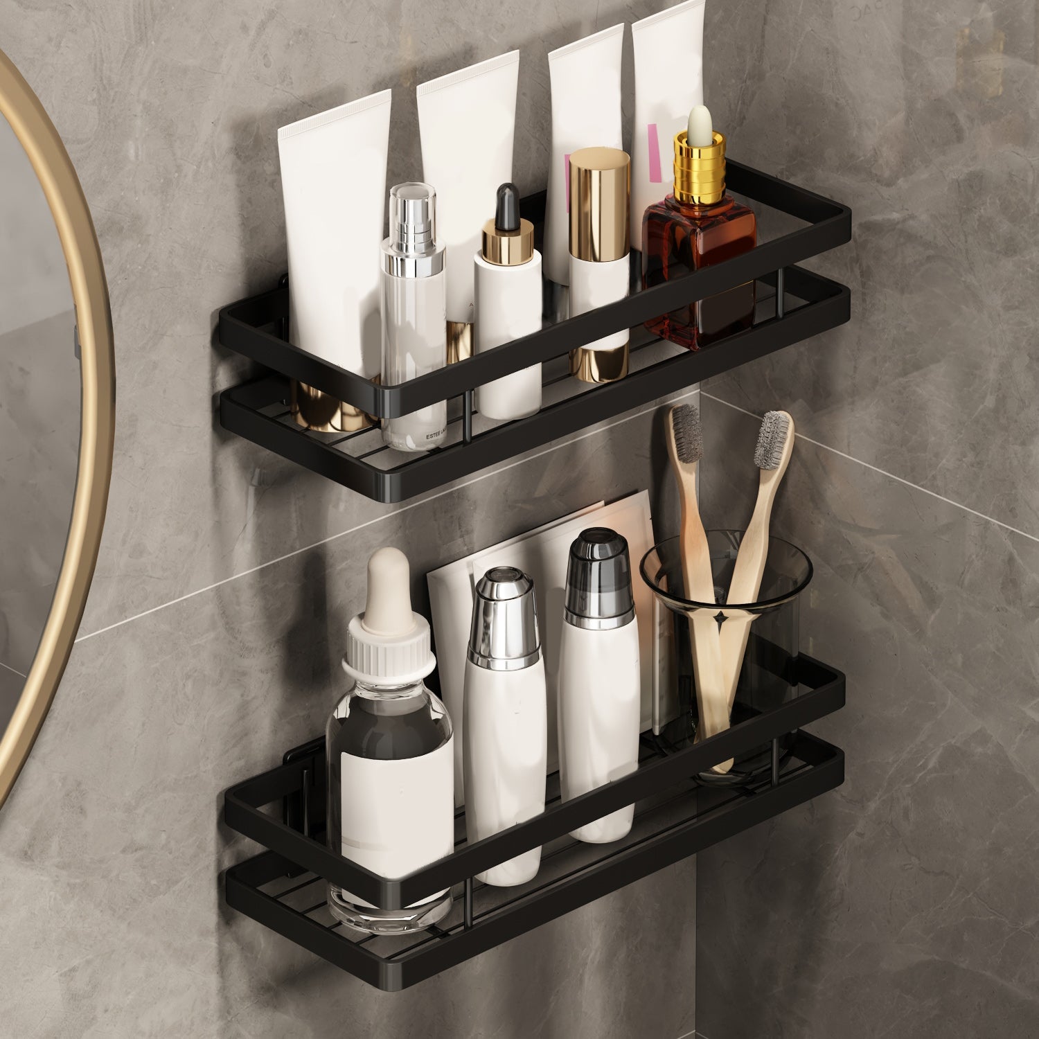 BowLift | 2-piece bathroom shelf made of matte black metal bathroom hardware set