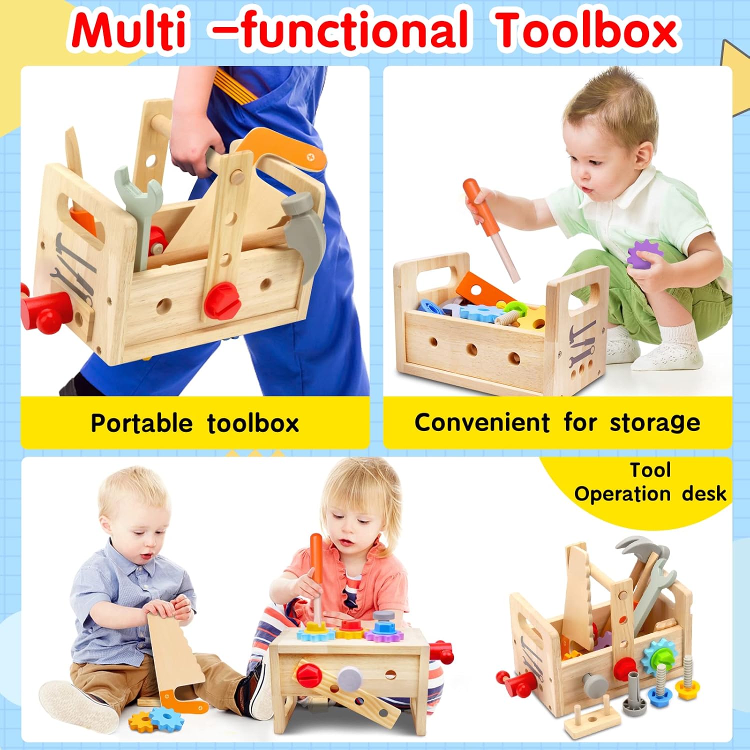 BowLift | 29-Piece Wooden Tool Box Set | Montessori STEM Educational Construction Toy for Kids Aged 2 to 6