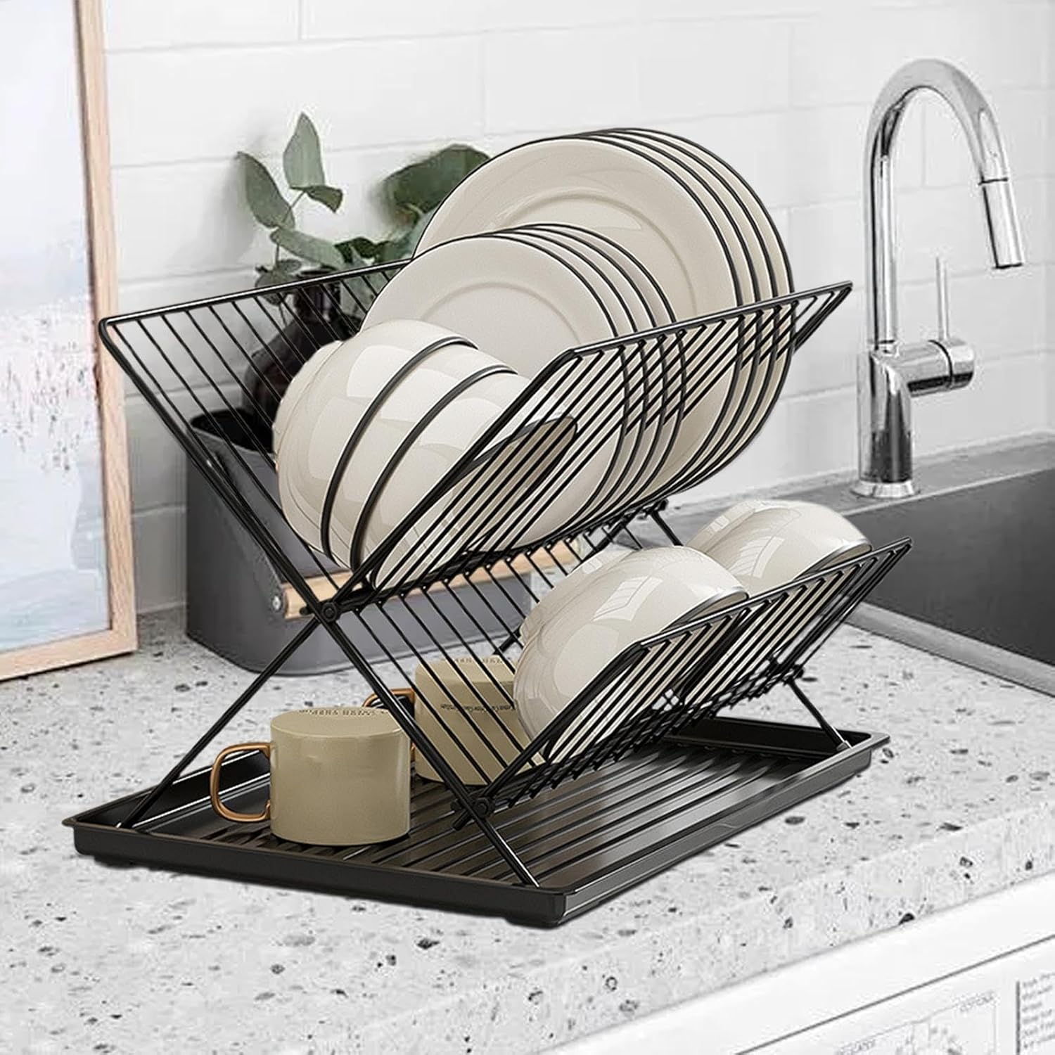 BowLift | Folding Dish Drying Rack – 2-Tier Countertop Drainer with Detachable Tray – Kelvra