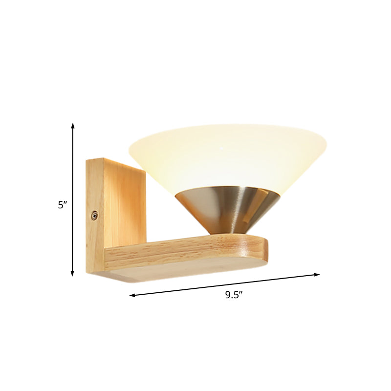BowLift | 1 Bulb Nightstand Wall Switch Modern Wood and Nickel Wall Lamp with Cone White Glass Shade