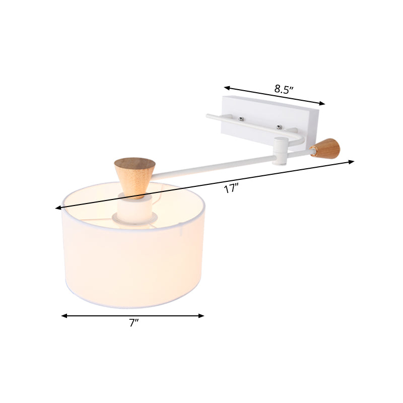 BowLift | Drum Fabric Wall Light Modern 1 Bulb White Surface Wall Mounted Lamp with Rotatable Arm