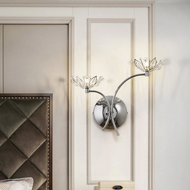 BowLift | Chrome Flower Wall Lamp Modern Iron 2 Bulb Nightstand Wall Light with Crystal Stamp