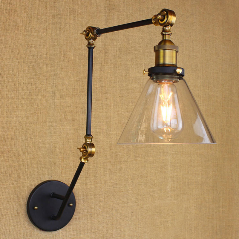BowLift | Vintage Tapered Wall Lamp Fixture 1 Light Source Clear Glass Wall Lamp in Brass with Extendable Arm