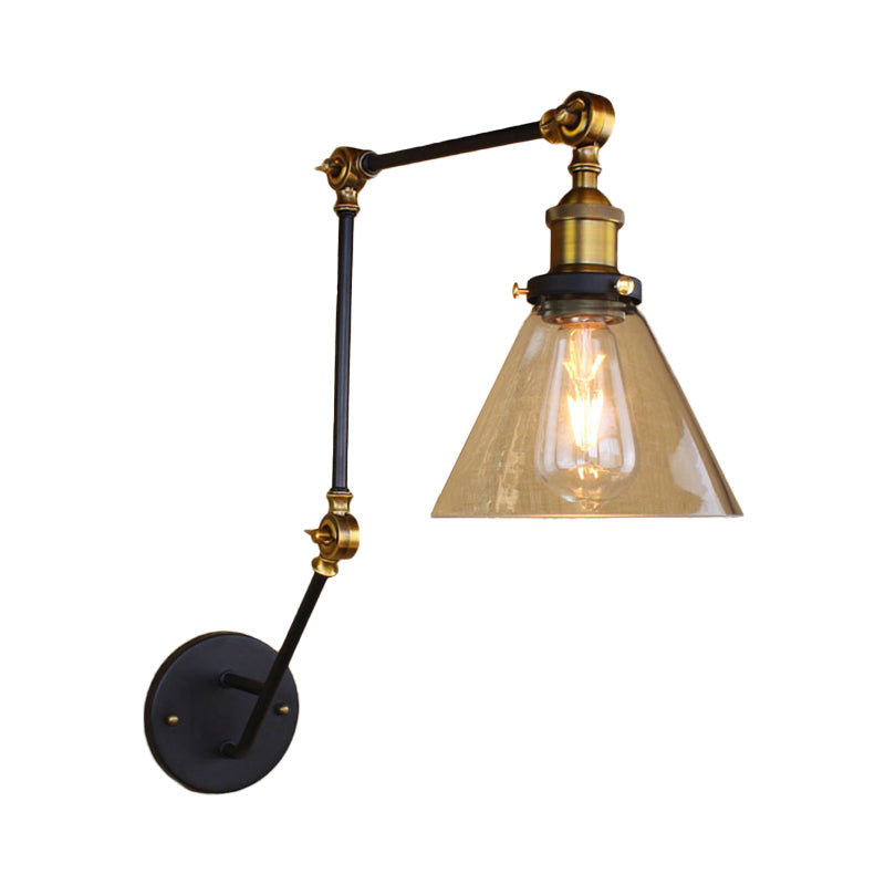 BowLift | Vintage Tapered Wall Lamp Fixture 1 Light Source Clear Glass Wall Lamp in Brass with Extendable Arm
