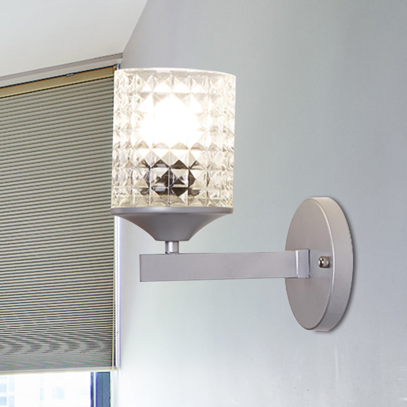 BowLift | Cylinder Clear Textured Glass Wall-mounted Modern Single Bulb Bedroom Wall Light in Black/Silver