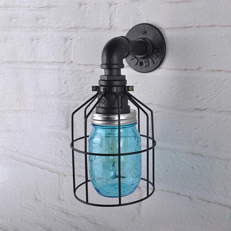BowLift | Blue/Clear Glass Shade Wall Lamp with Wire Cage Industrial Style Glass 1 Bulb Restaurant Wall Light