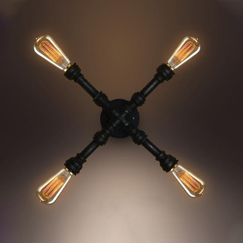 BowLift | 4 bulbs X-shaped wall lighting with water pipe industrial black finish wrought iron wall lamp
