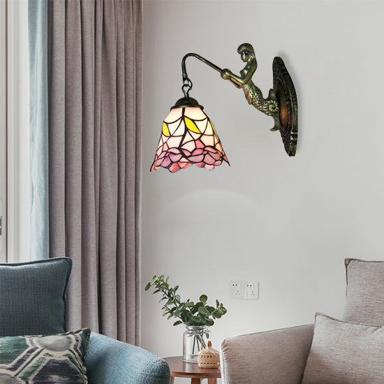 BowLift | Tapered Stained Glass Wall Lamp Baroque 1 Head Black/Brass Wall Mounted Lighting Fixture