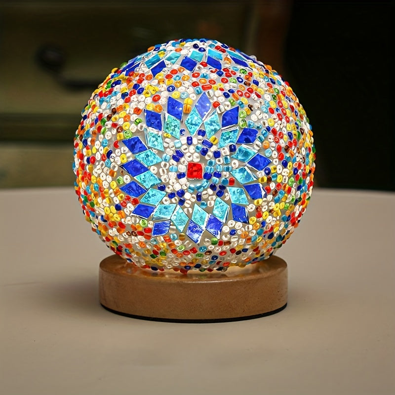 BowLift | Mosaic glass ball table lamp with wooden base - Turkish Moroccan inspired