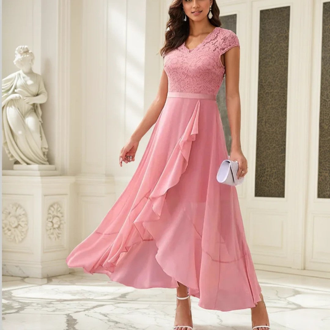 V-Neck Lace Dress with Ruffle Sleeves and Irregular Hem
