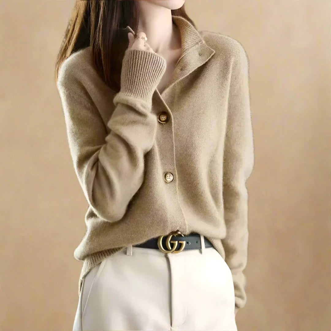 Wool Blend Cardigan with Scalloped Buttons and Stand-Up Collar