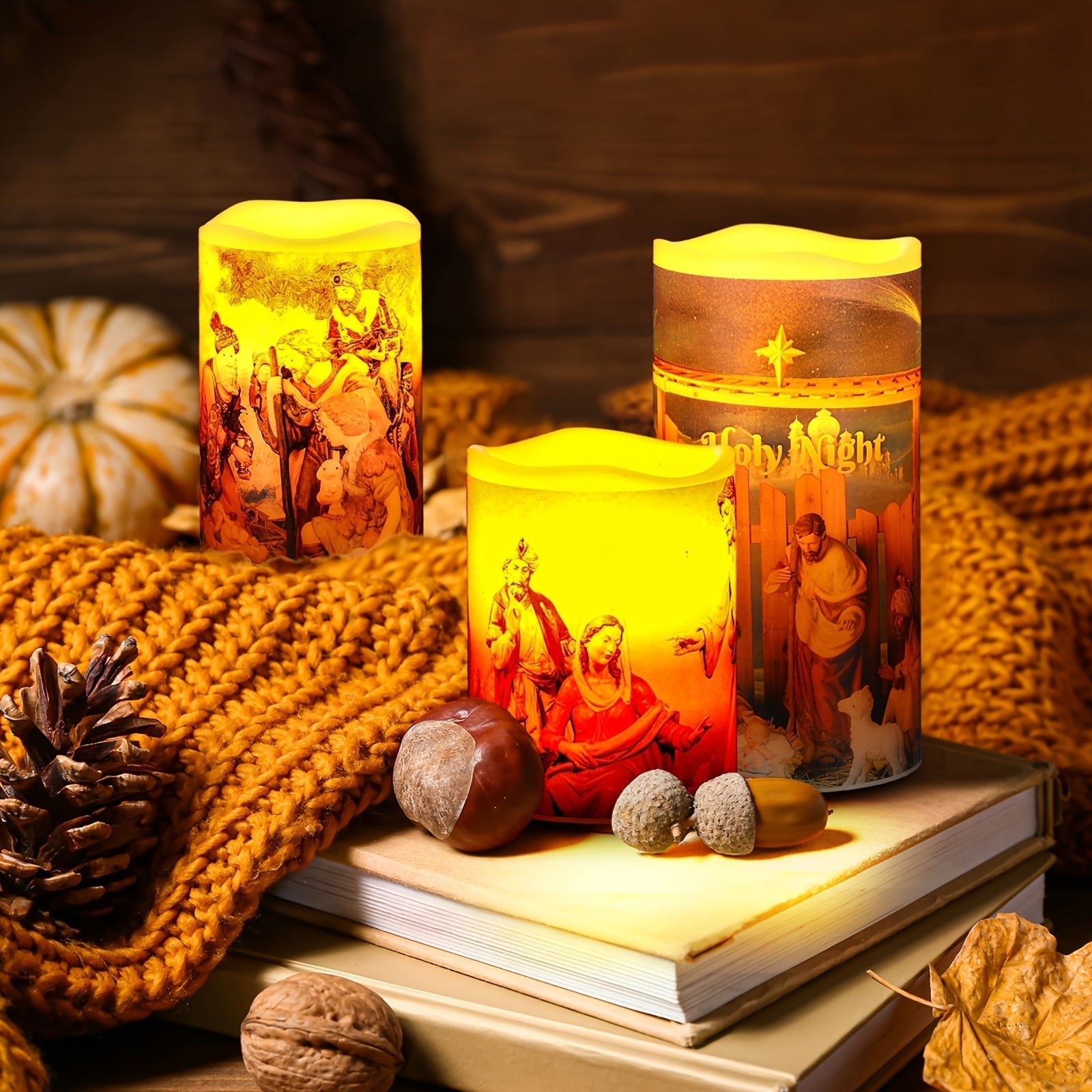 BowLift | Flameless LED Christmas Candles – 3pcs Battery-Powered Holy Night Lights Candle with Timer Featuring Nativity Scene for Warm Holiday Home Ambience