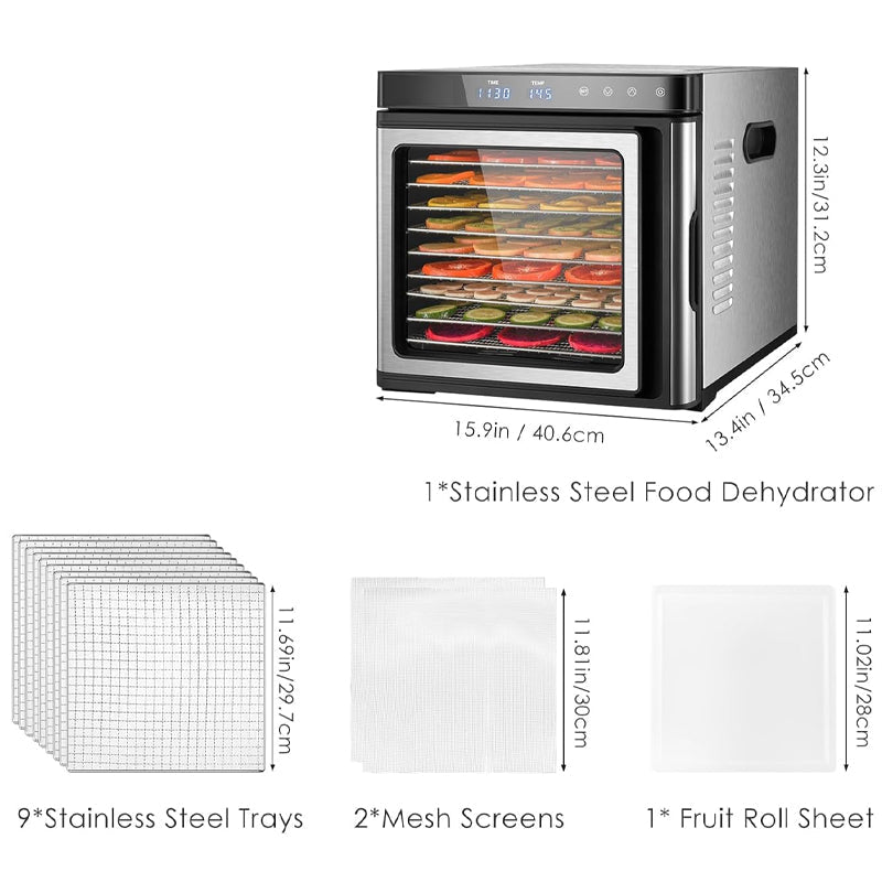 BowLift | 1000W Electric Food Dehydrator Machine 9 Stainless Steel Trays with 48H Timer and Temperature Control