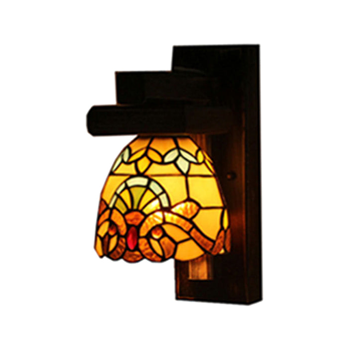 BowLift | Victorian Rustic Dome Wall Light with Black Wood Plate 1 Light Stained Glass Wall Light