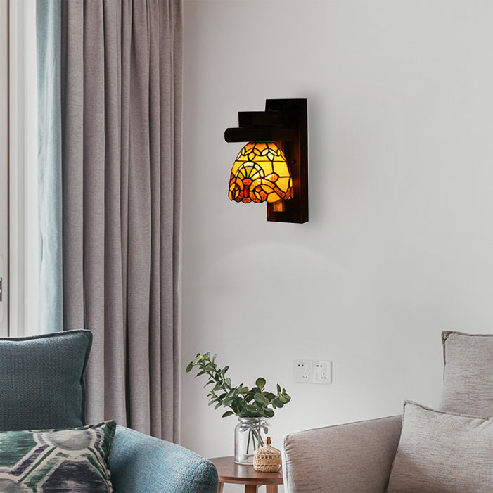 BowLift | Victorian Rustic Dome Wall Light with Black Wood Plate 1 Light Stained Glass Wall Light