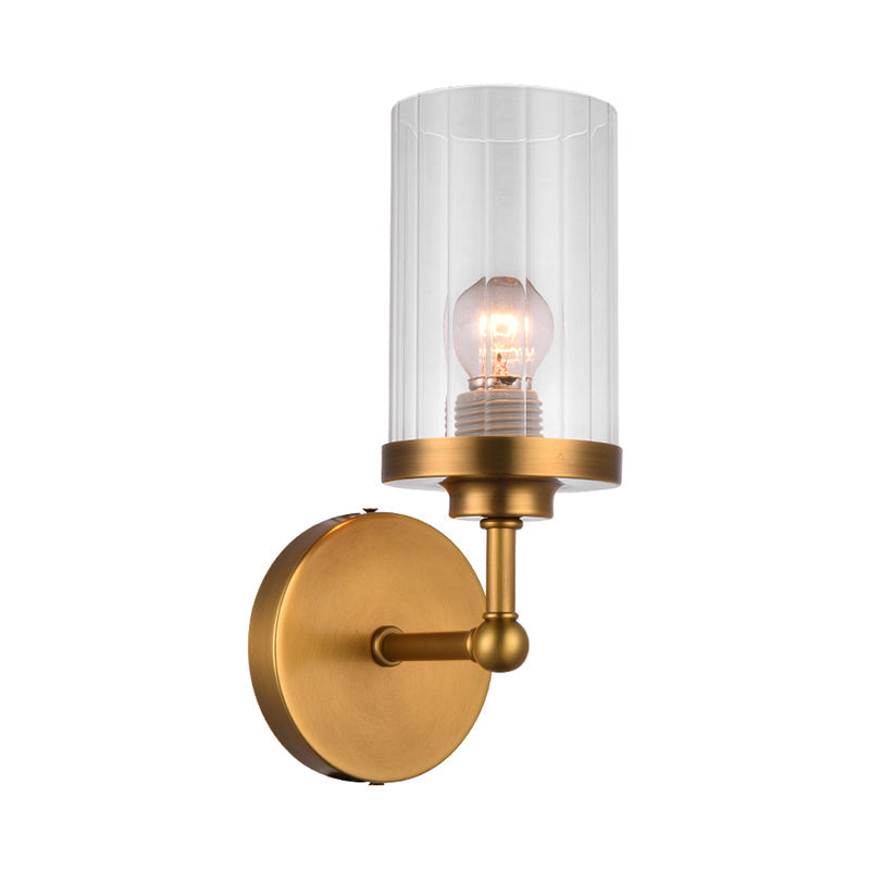 BowLift | Brass Cylinder Wall Lighting Idea Postmodern 1-Head Clear Ribbed Glass Wall Mount Lamp