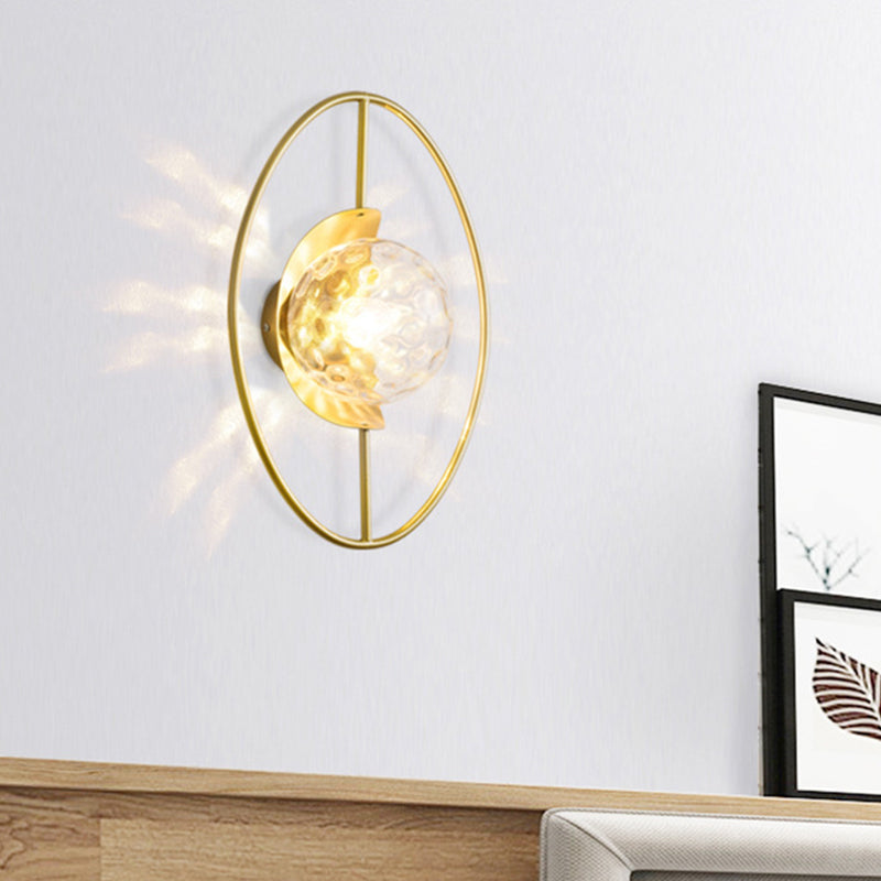 BowLift | Clear Dimpled Glass Orb Wall Light Modern 1-Lamp Black/Gold Wall Lamp with Ring Detail