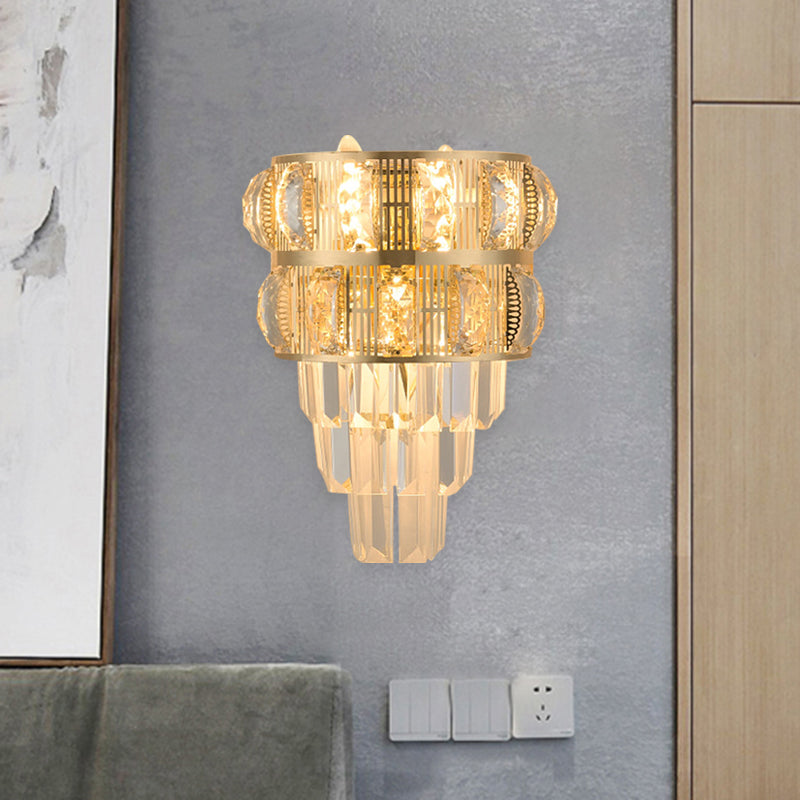 BowLift | 3-Bulb Wall Light Modern Stacked Clear K9 Crystal Wall Sconce Lighting Decorative Item in Gold