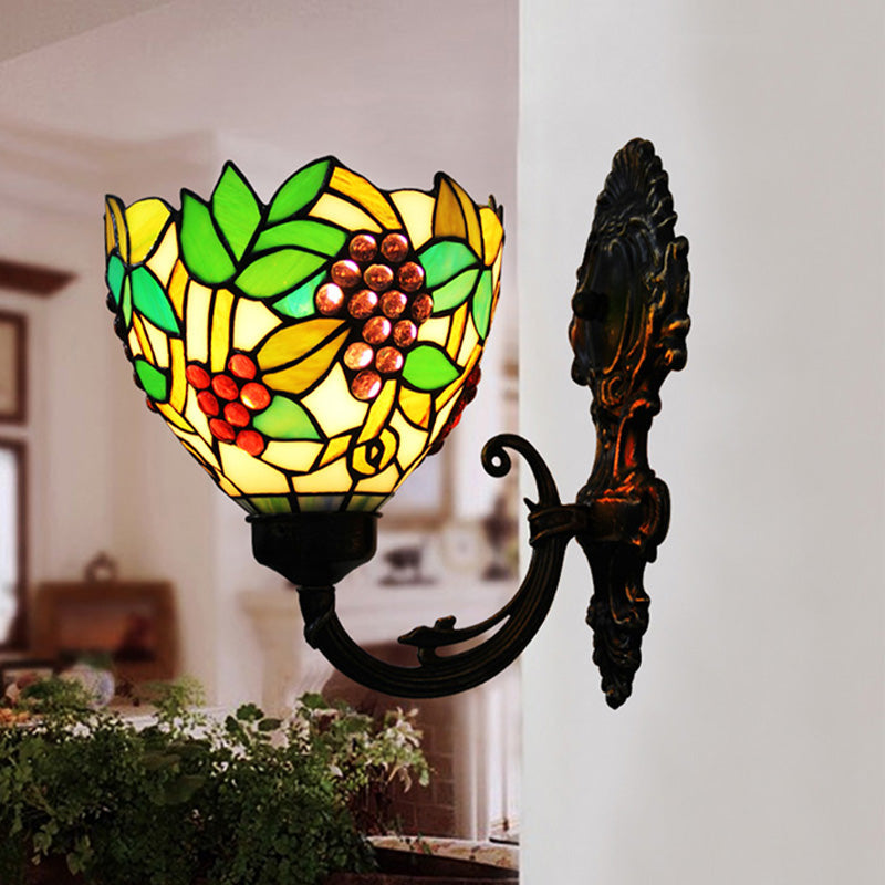 BowLift | Tiffany Bowl Wall Lamp 1 Head Etched Glass Grape Pattern Wall Mount Lamp in Green and White/Black